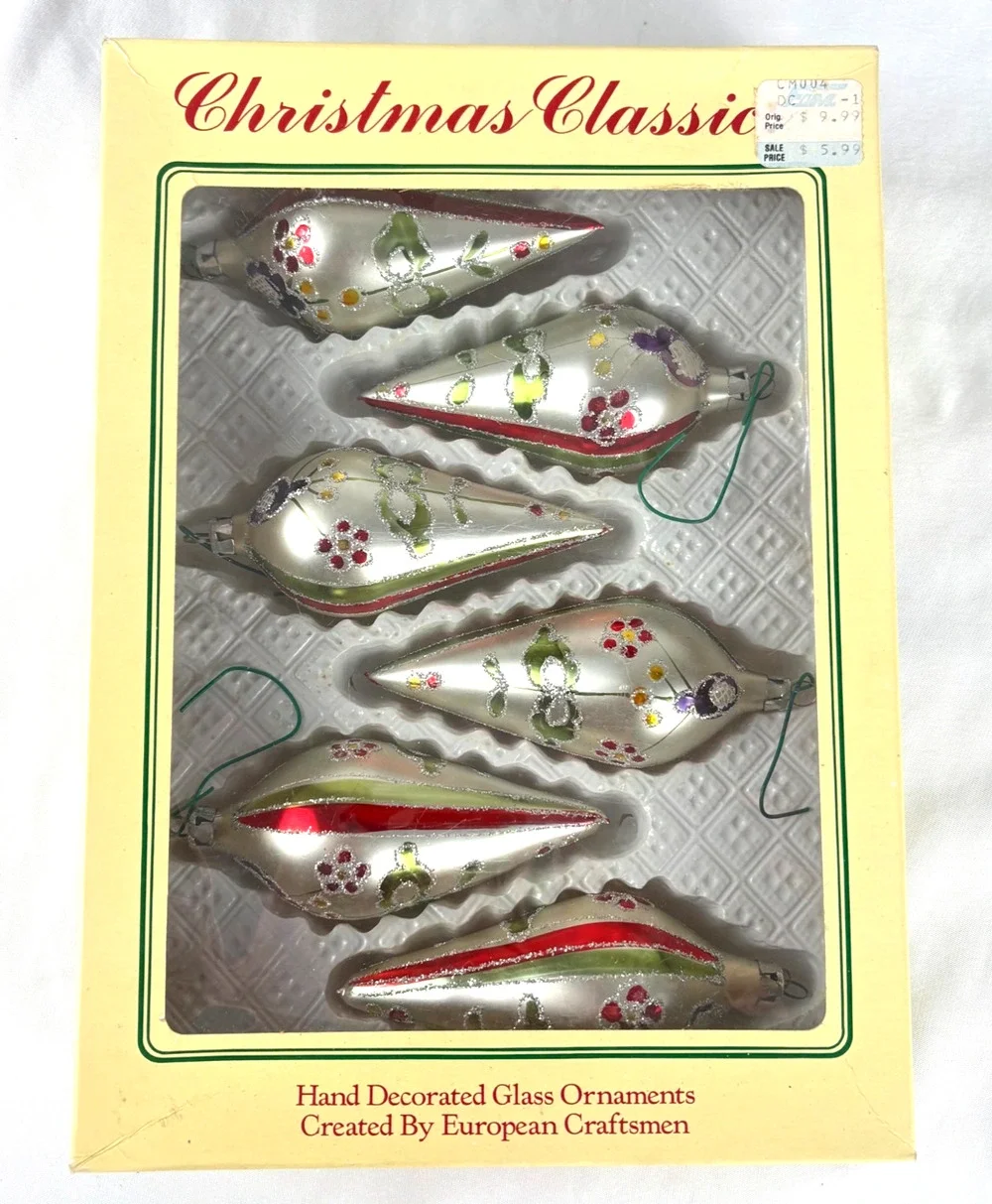 Vtg Romania Hand Decorated Glass Finial Ornaments Set of 6 Silver Red Glitter